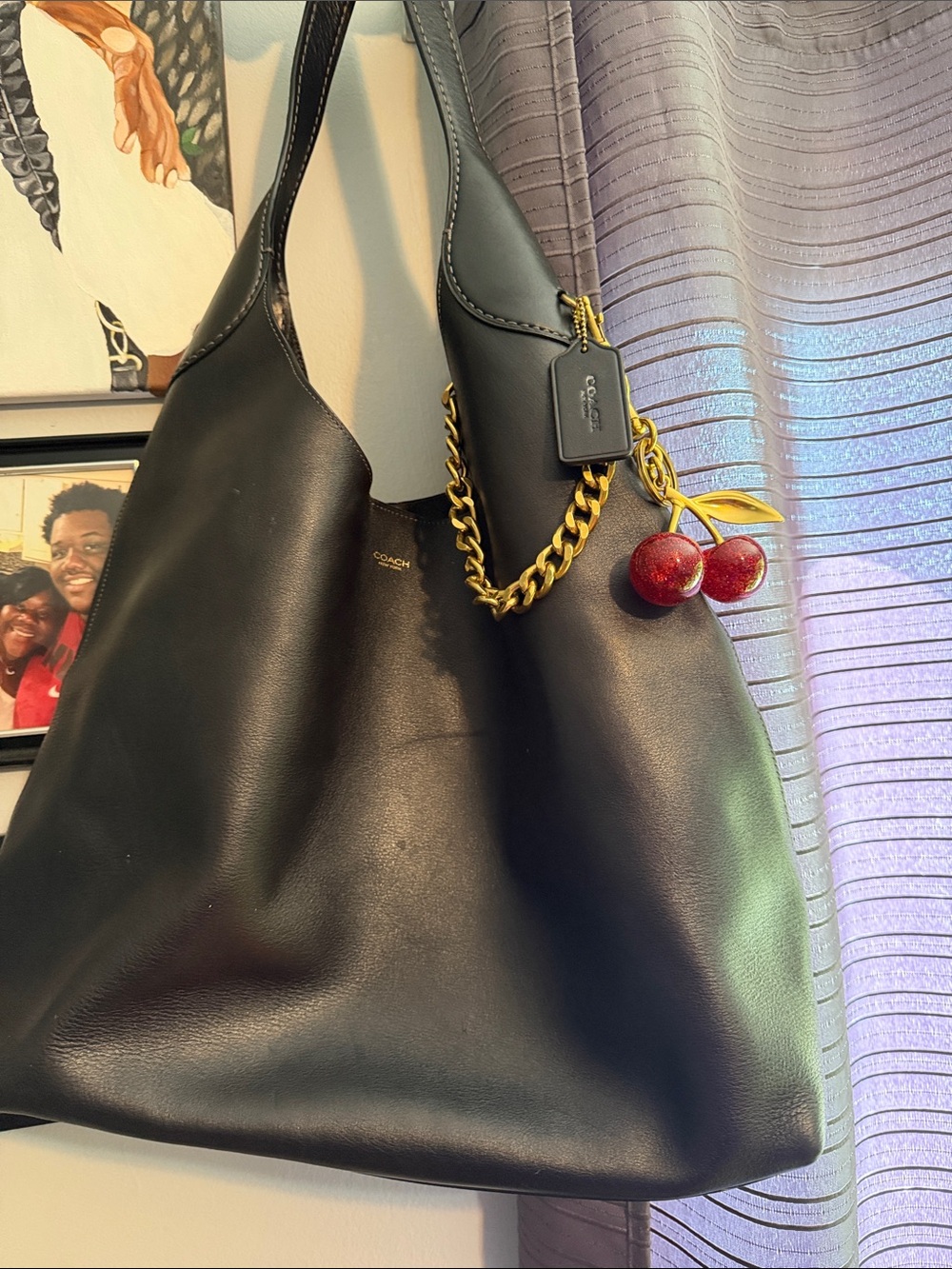 Coach Black Leather Shoulder Hobo with Gold Chain and Cherry Charm